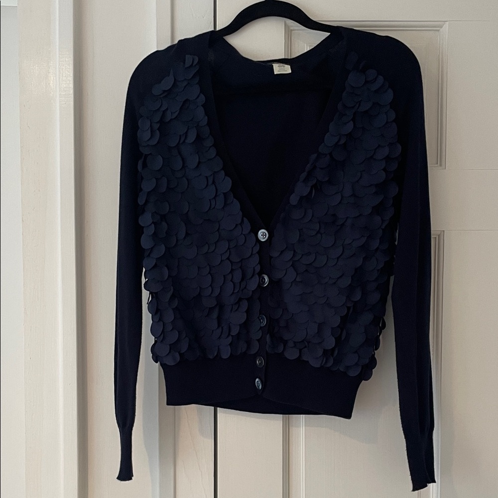 J. Crew Navy Cotton Cardigan with Silk Petal Detail